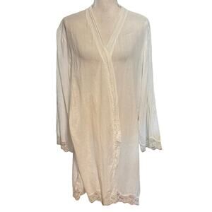 Eberjey Women’s Size L Cotton Gauze Short Robe Lace Trim White Missing Belt